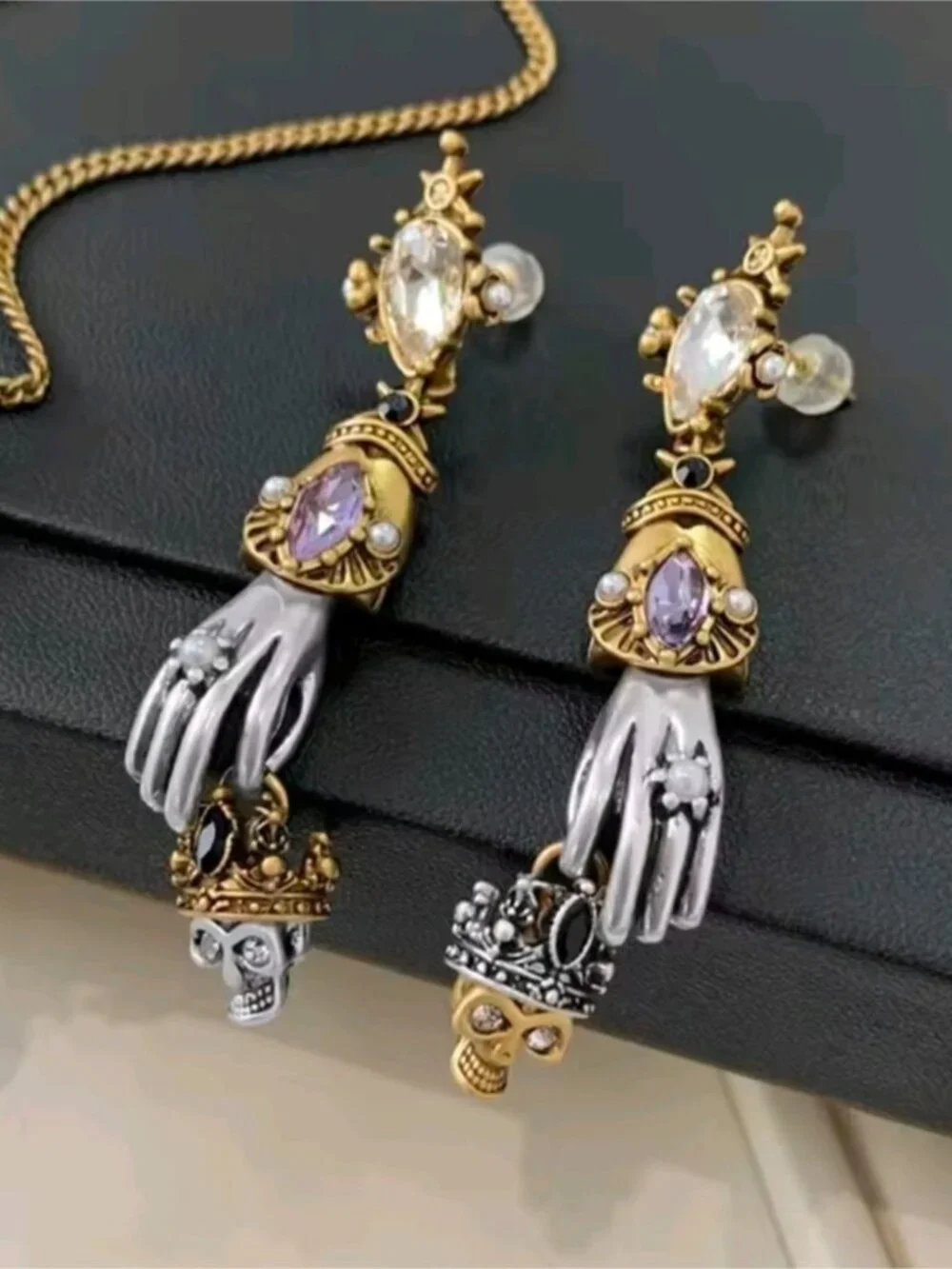 Gold and Silver Hand Drop Earrings with Purple and Clear Stones
